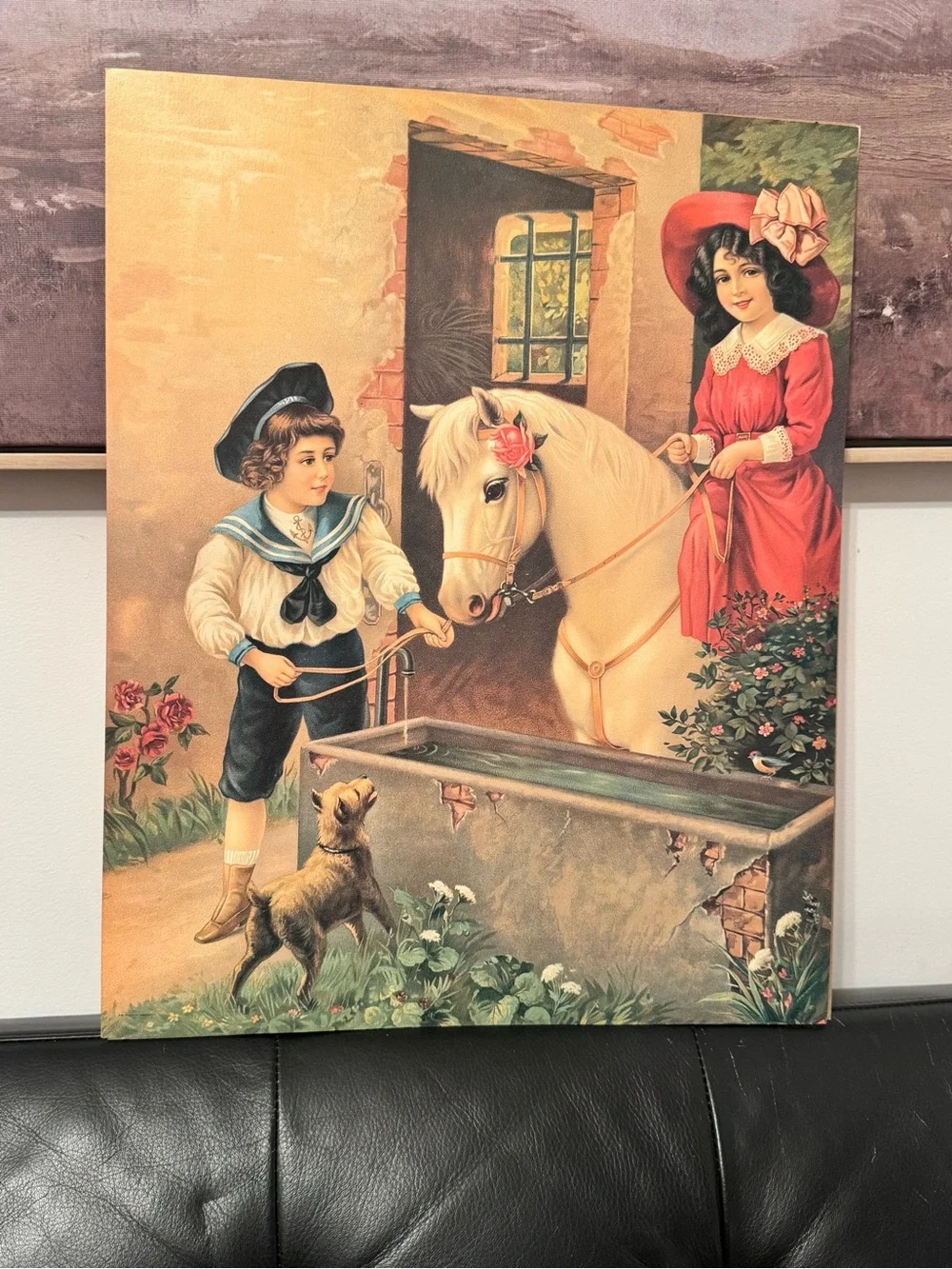ANTIQUE GERMAN LITHOGRAPH POSTER PRINT / CHROMOLITHOGRAPH CHILDREN HORSE DOG